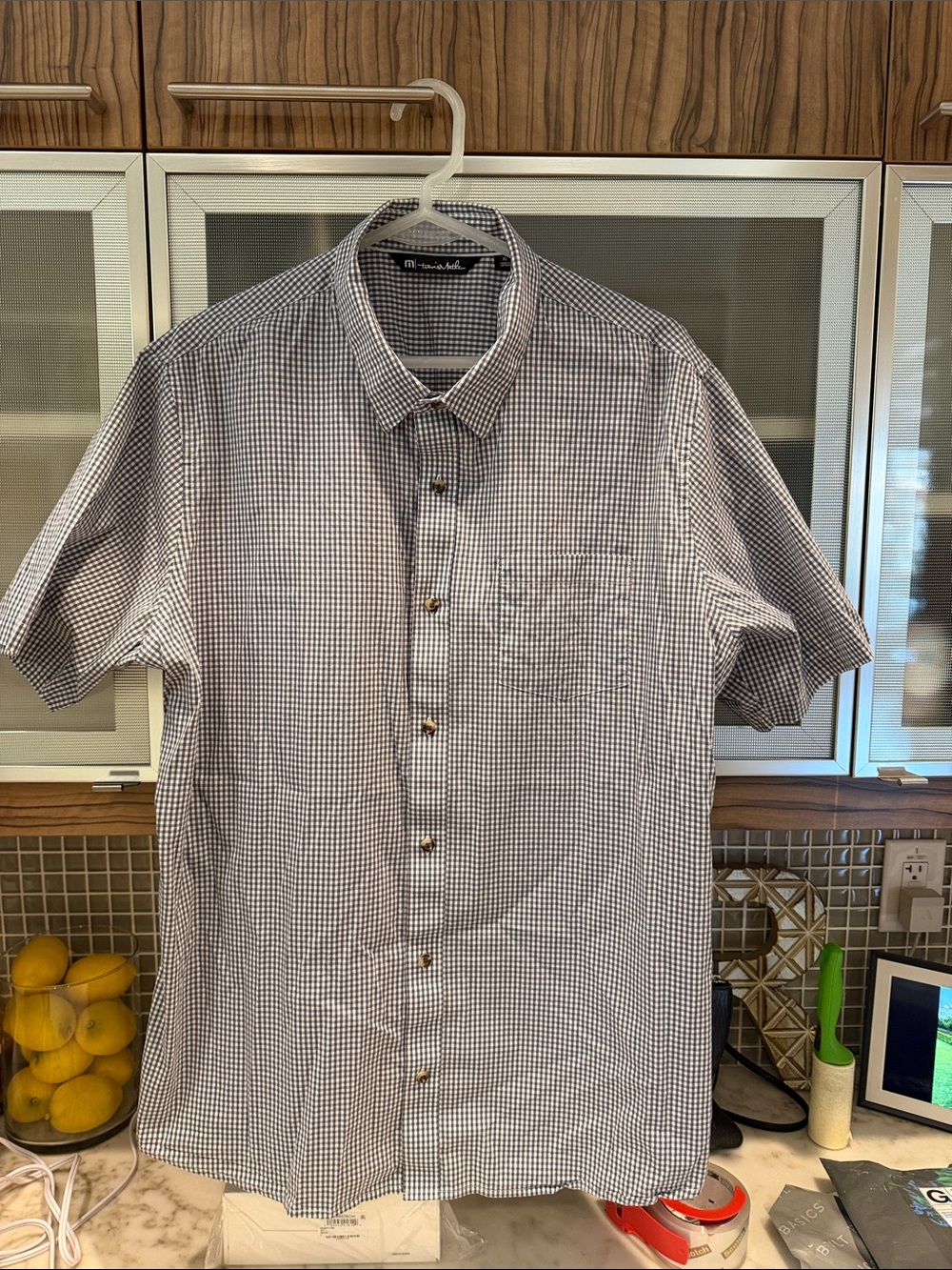 Travis Mathew Short-Sleeve Check Button-Down Shirt - Blue/White, XL